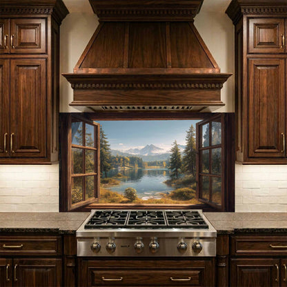 Kitchen with wooden cabinets, stove, and decorative glass backsplash of a mountain landscape.