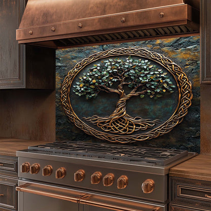 Stainless steel stove with decorative tree glass backsplash in a kitchen setting