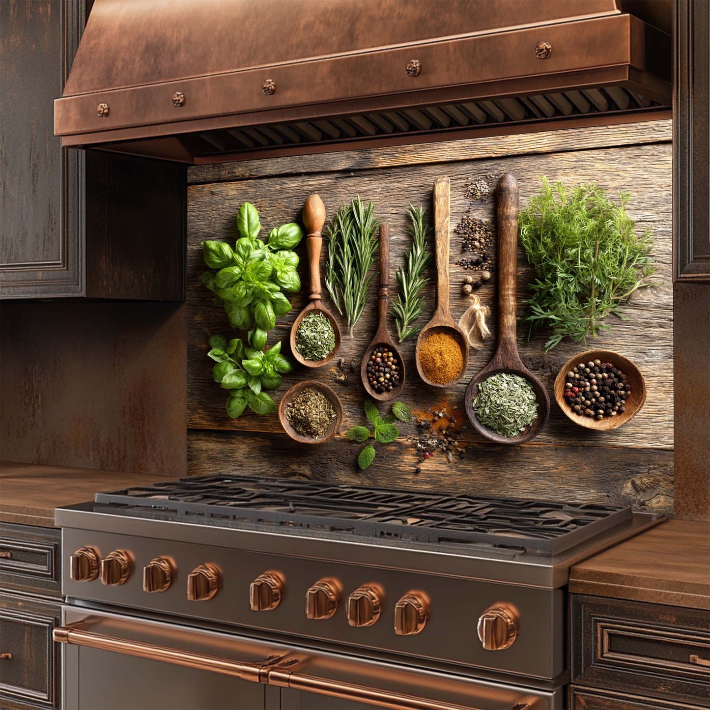 Stove with wooden spoons and bowls of herbs on a rusticglass backsplash