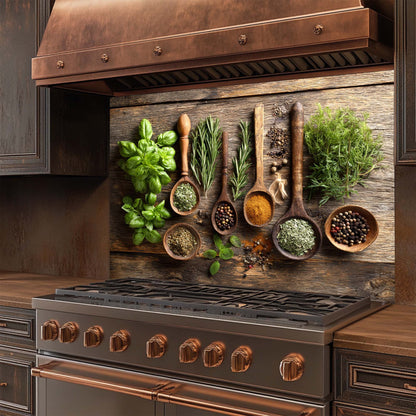 Stove with wooden spoons and bowls of herbs on a rusticglass backsplash