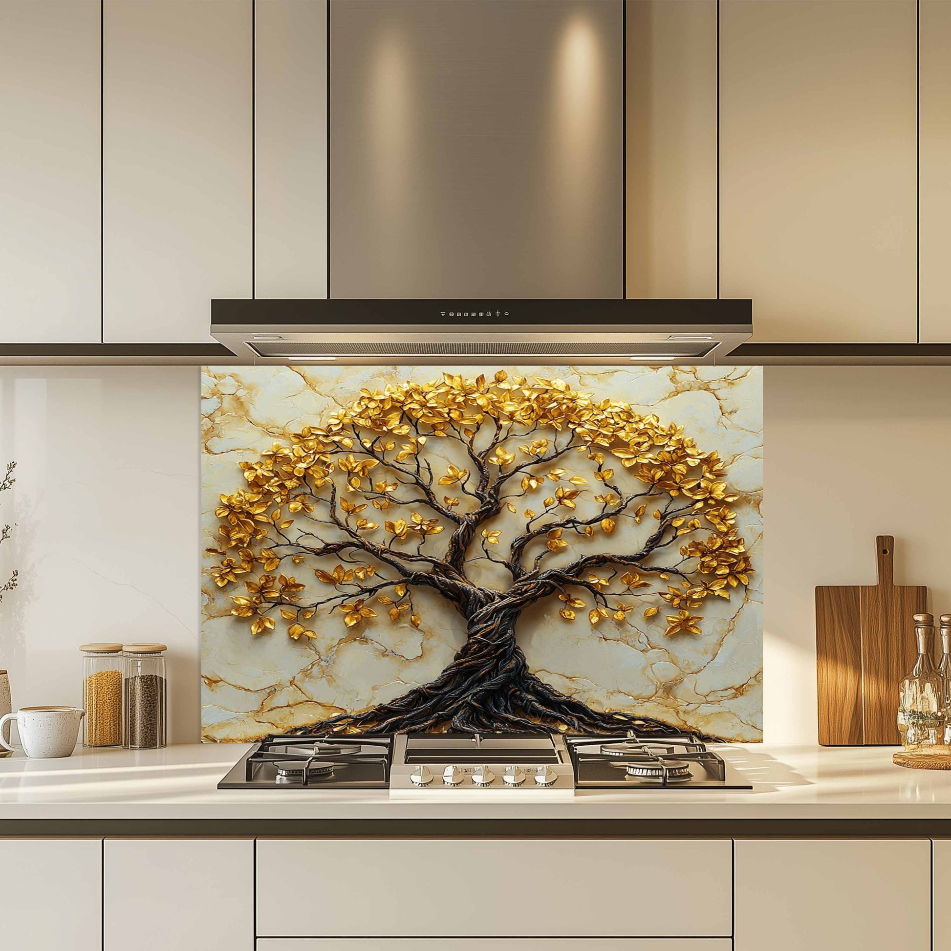 Decorative glass splashback with a tree design in a kitchen setting