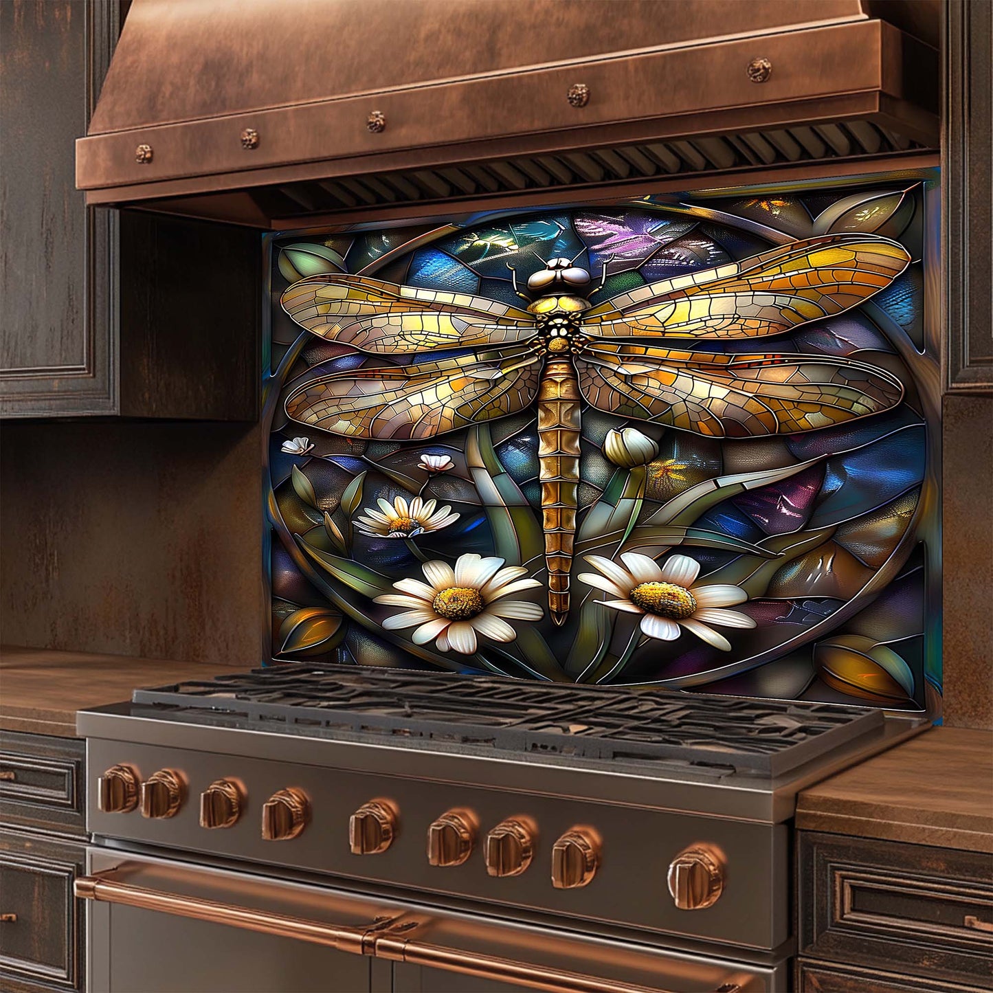 Stainless steel stove with a decorative glass backsplash featuring a stained glass dragonfly and flowers.