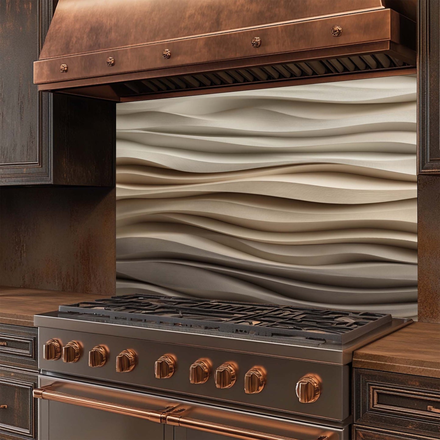 Stainless steel stove with glass backsplash in a kitchen setting