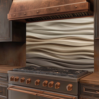 Stainless steel stove with glass backsplash in a kitchen setting