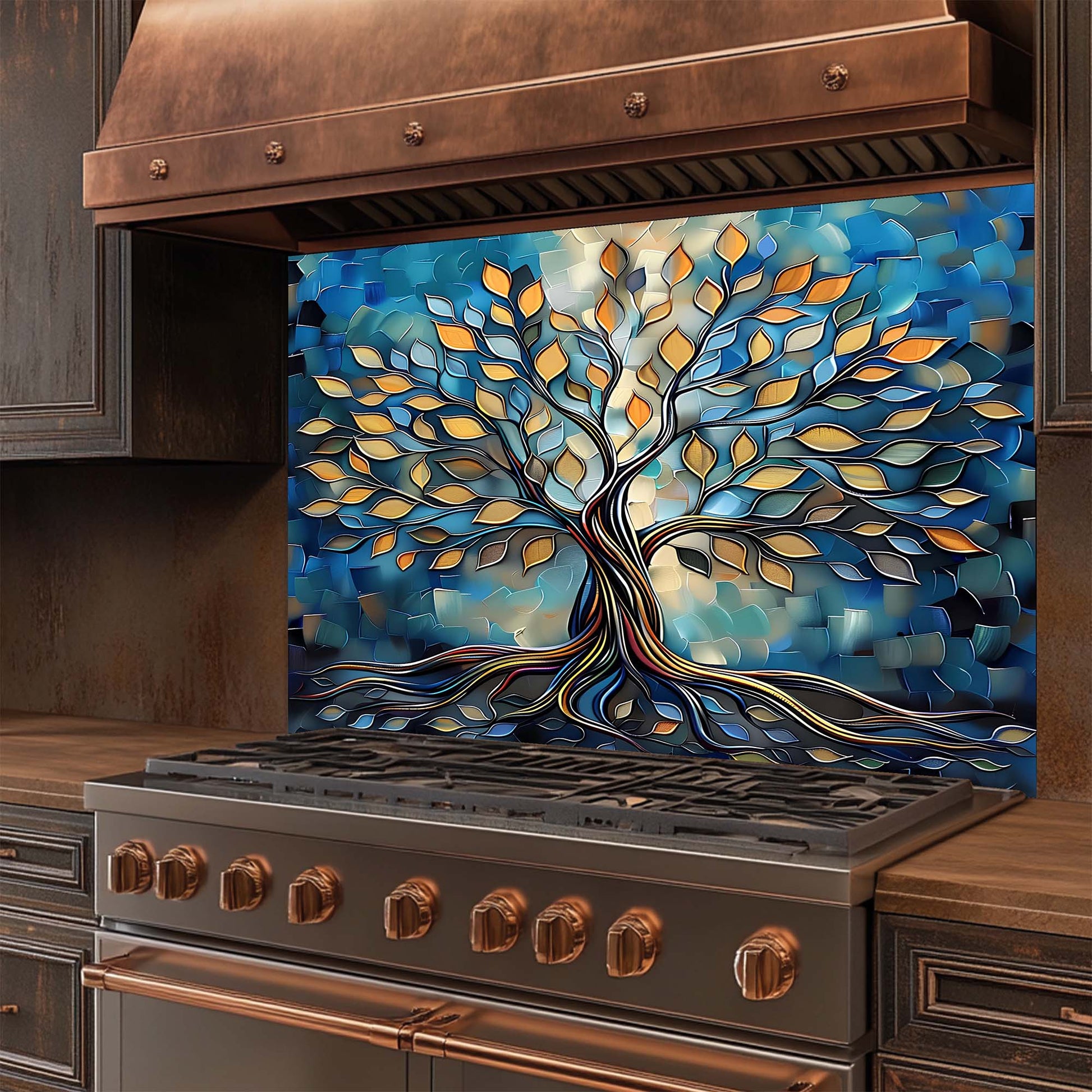 Stainless steel stove with a decorative glass backsplash featuring a tree design in a kitchen setting.