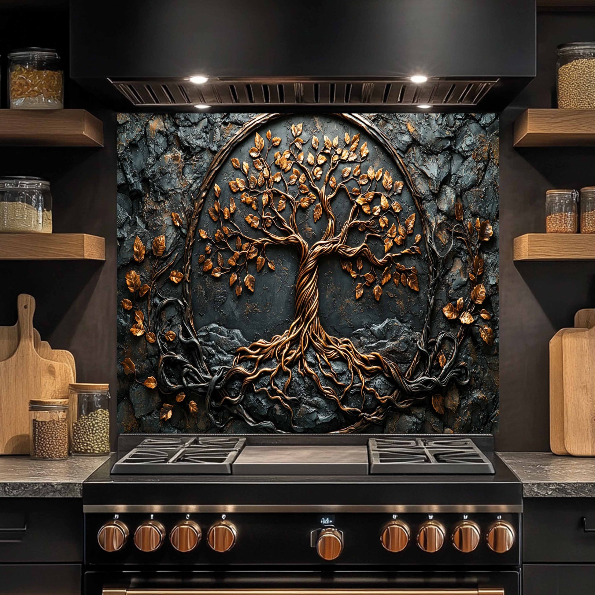 Tempered glass backsplash with a tree design above a stove in a kitchen setting.