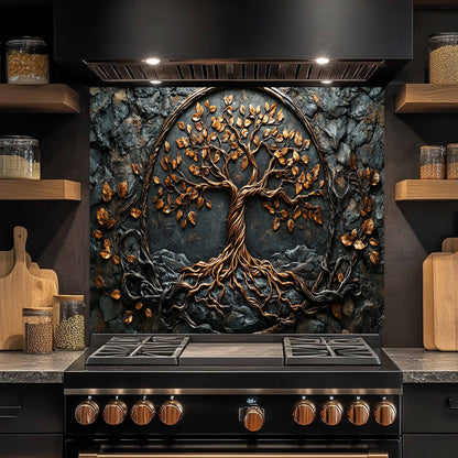 Tempered glass backsplash with a tree design above a stove in a kitchen setting.