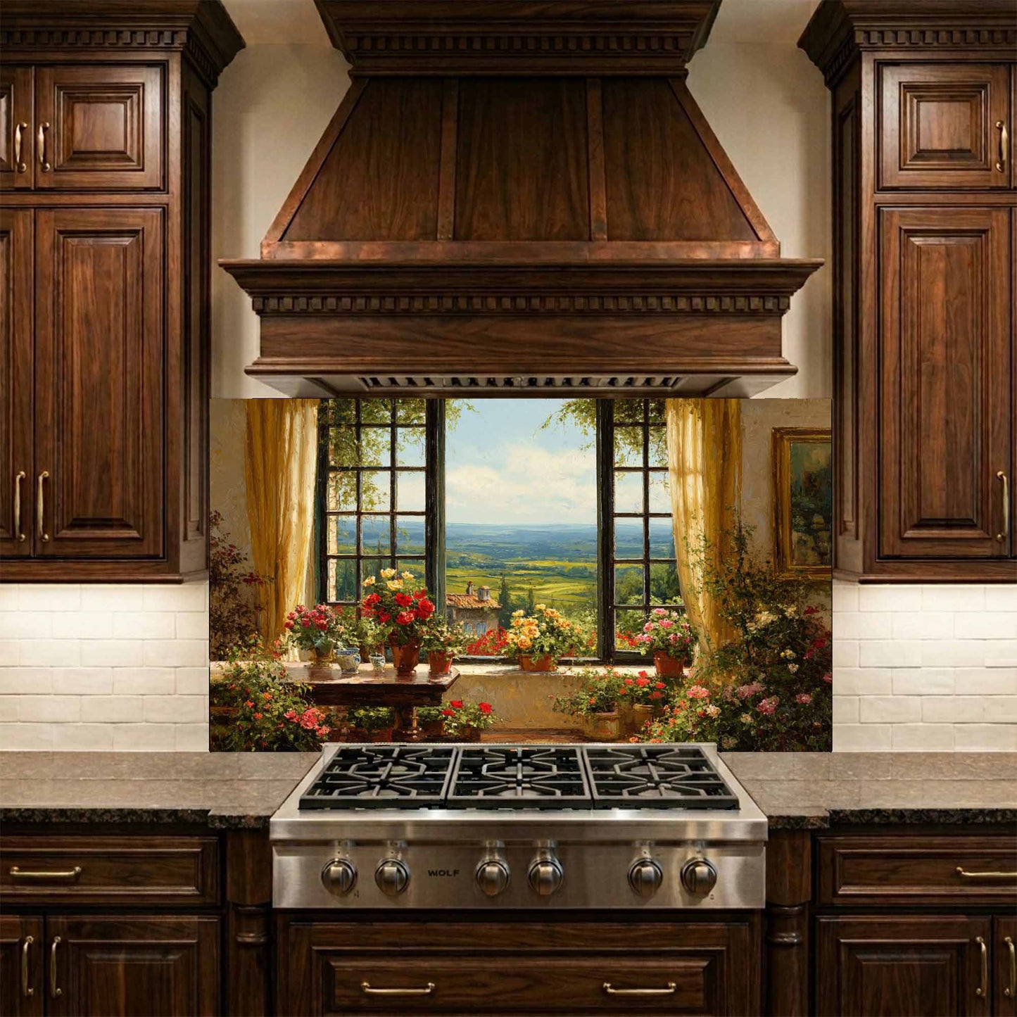 Luxurious kitchen with wooden cabinets, a large stove, and a scenic glass backsplash.