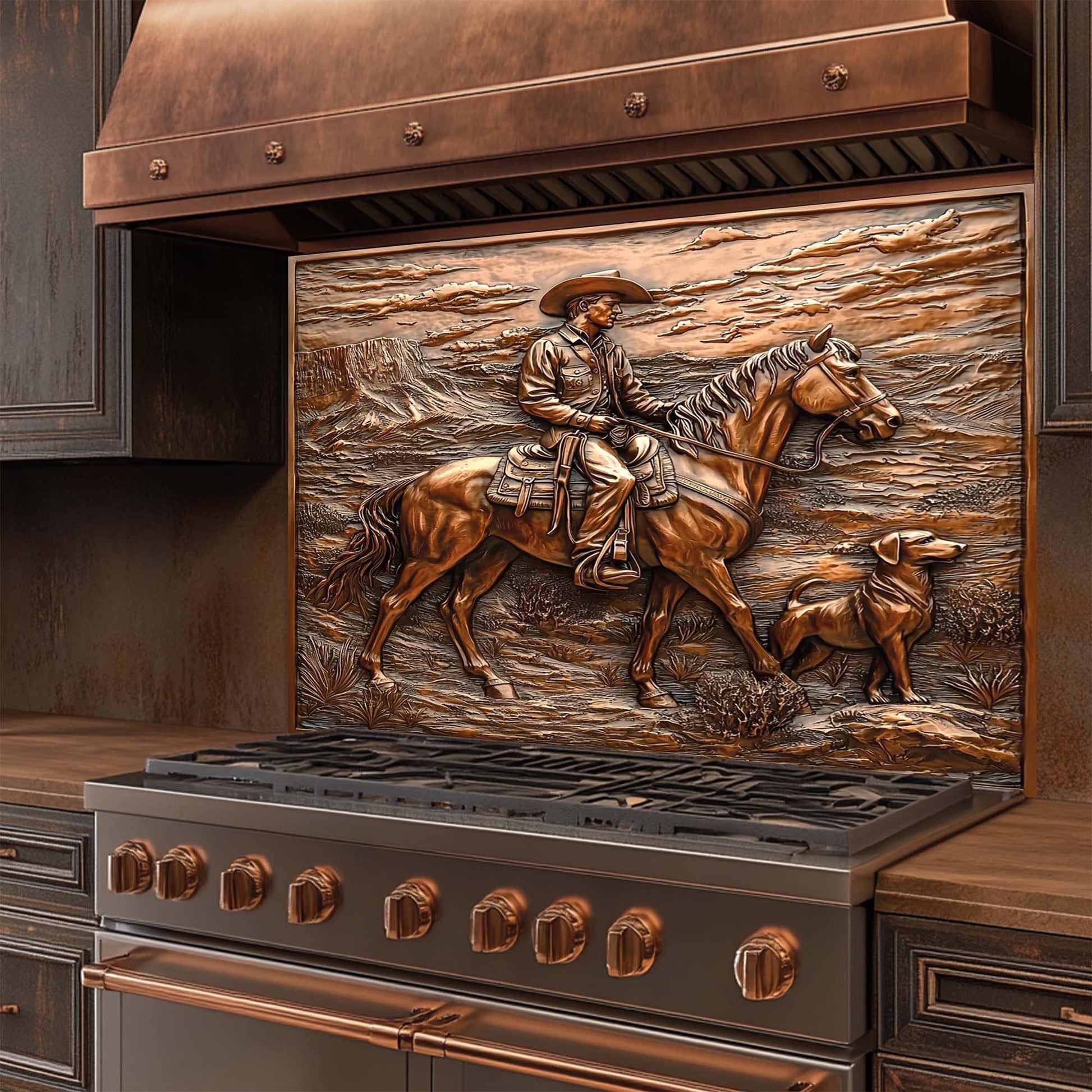 Western copper kitchen glass backsplash with cowboy on horse and dog in desert landscape