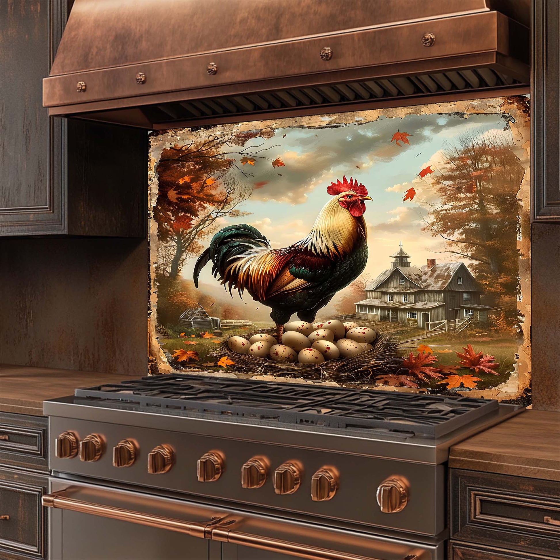 Decorative glass backsplash with a rooster and eggs on a stove in a kitchen setting
