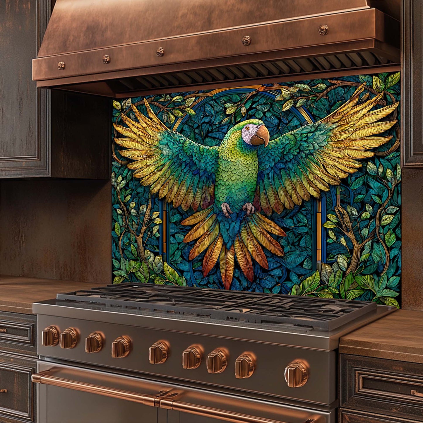 Decorative glass backsplash with a parrot design above a stove in a kitchen.