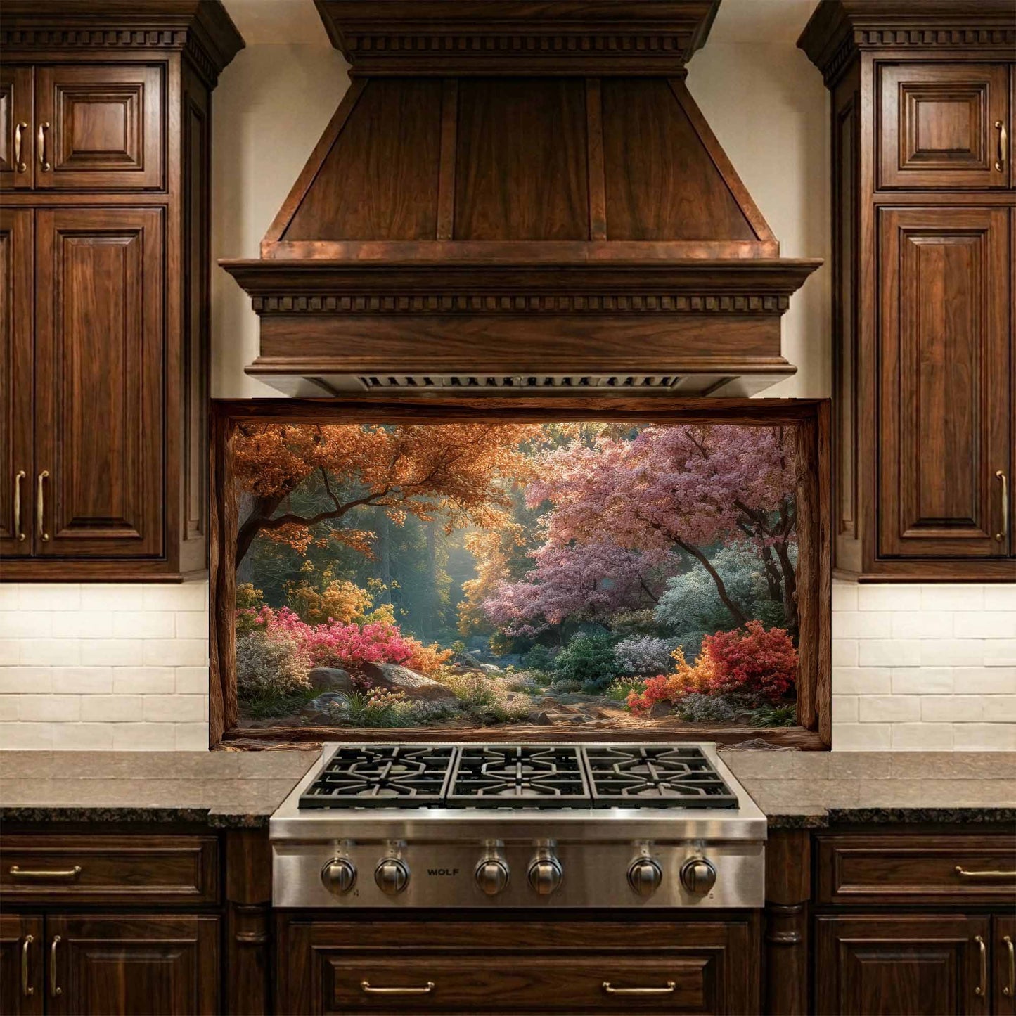 Kitchen with wooden cabinets, stove, and decorative glass backsplash of a forest scene.