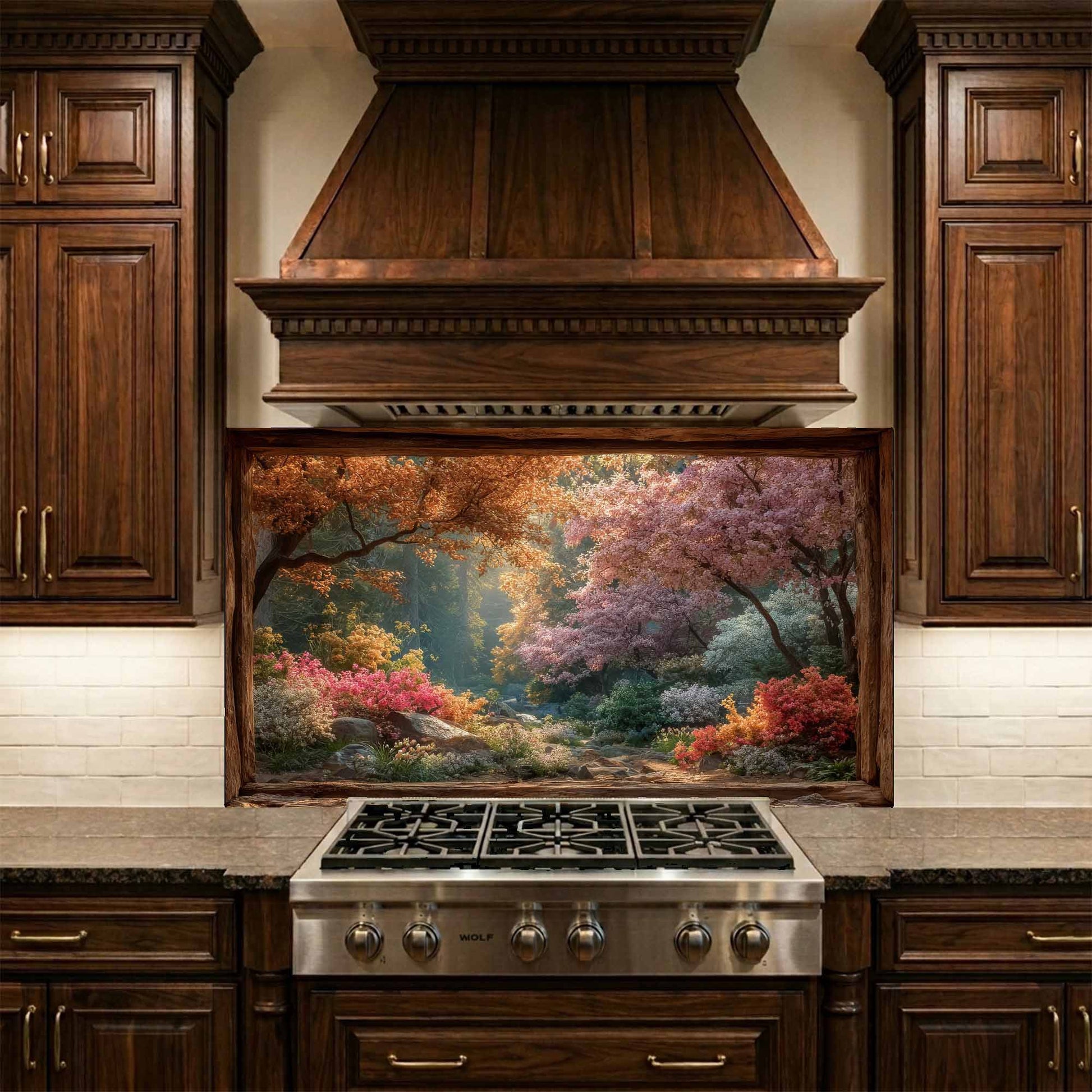 Kitchen with wooden cabinets, stove, and decorative glass backsplash of a forest scene.