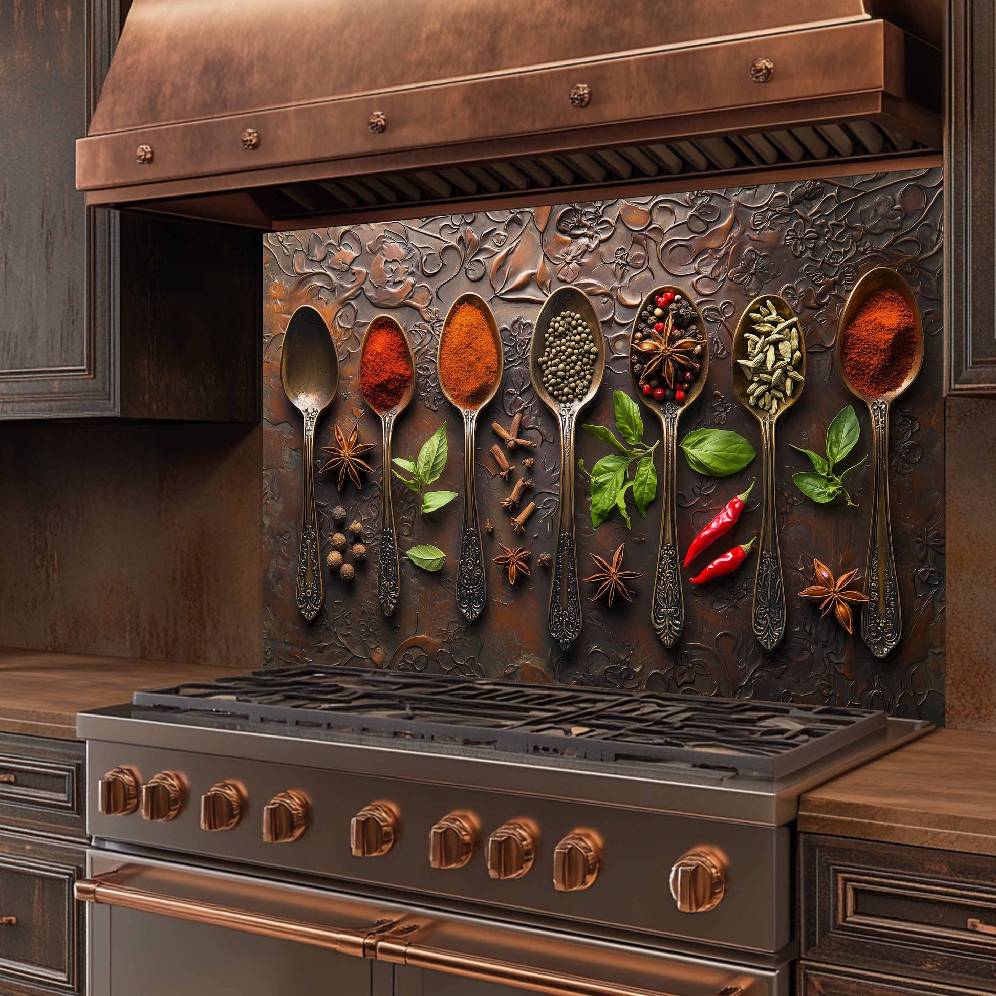 Decorative backsplash with spoons holding spices and herbs in front of a stove.