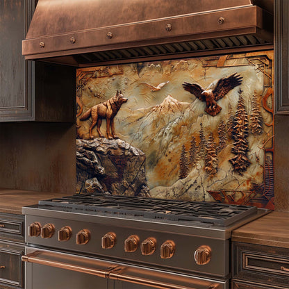 Stainless steel stove with copper accents and a decorative glass backsplash featuring animals and mountains.