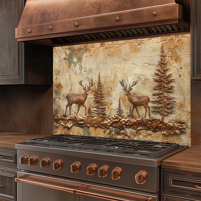 Rustic kitchen glass backsplash with two copper deer in forest. Durable tempered glass, heat-resistant & custom-sized.
