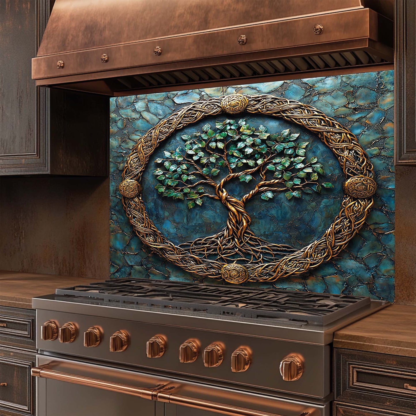 Decorative stove with a tree of life design on the glass backsplash