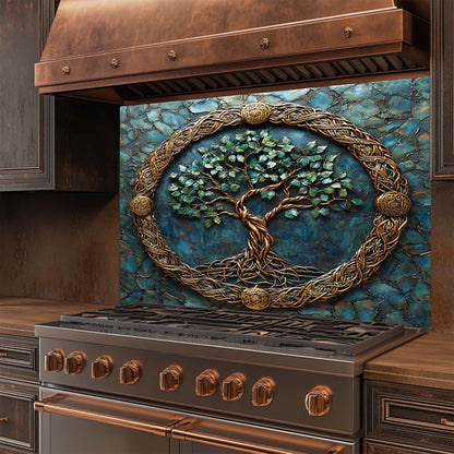 Decorative stove with a tree of life design on the glass backsplash