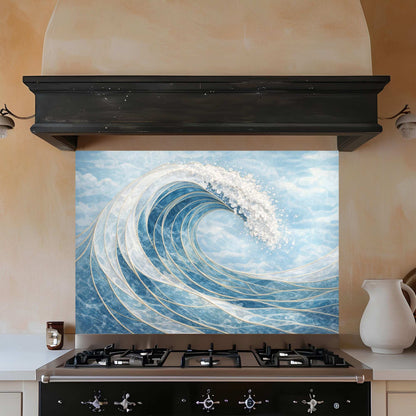 Kitchen with a decorative glass splashback featuring a wave design above a stove.