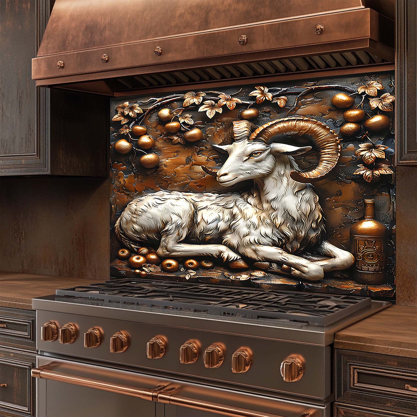 Decorative glass backsplash with a ram design on a kitchen stove.