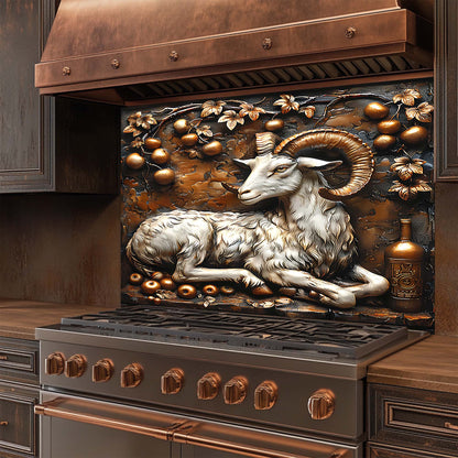 Decorative glass backsplash with a ram design on a kitchen stove.