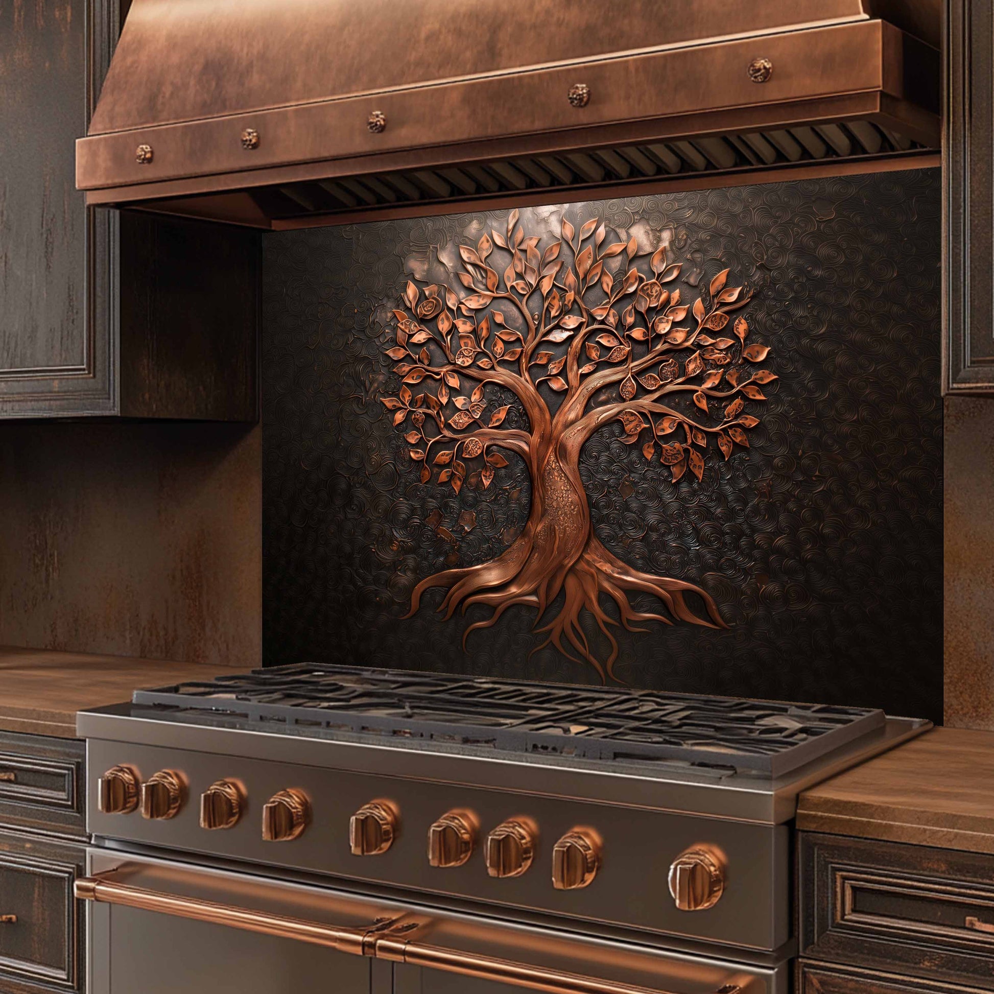 Stainless steel stove with copper accents and a decorative tree design on the back splash.