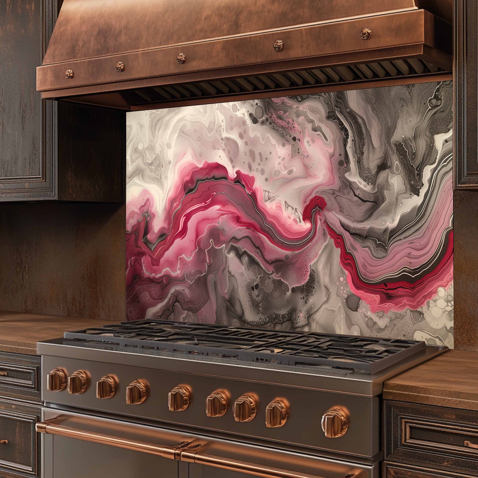 Stainless steel stove with copper accents and a pink and gray marbled backsplash.