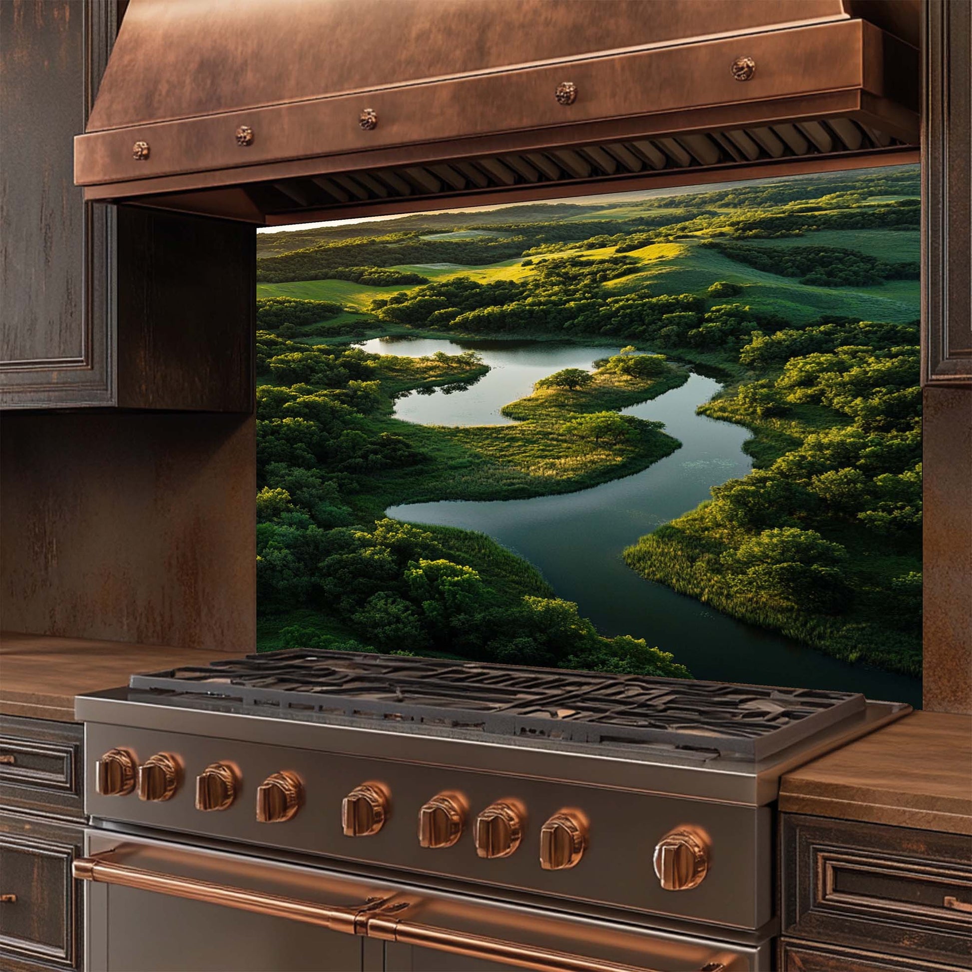 Forest river landscape printed on tempered glass backsplash. Glossy, vibrant, custom fit for kitchen walls.