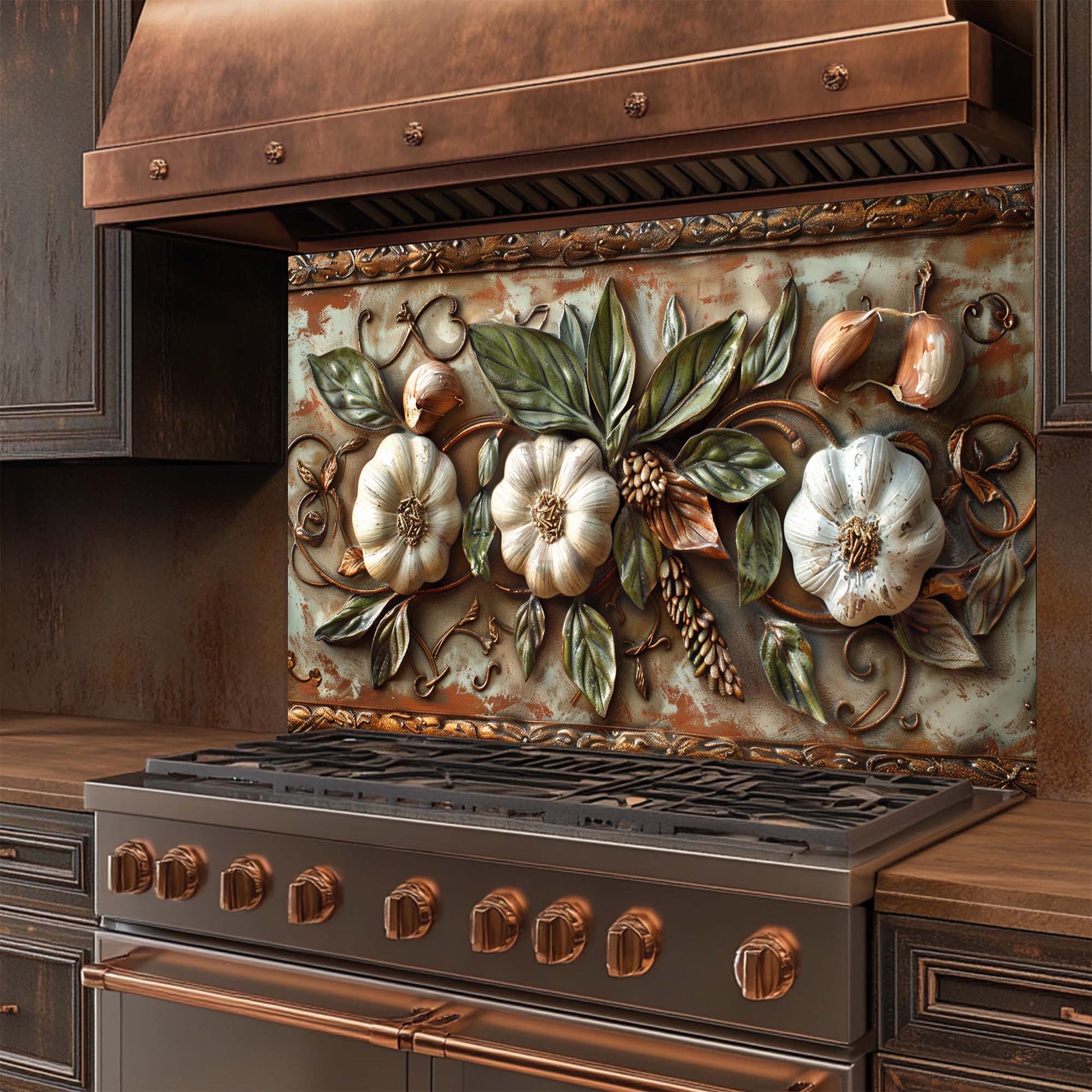 Decorative stove with floral and fruit design on a glass backsplash