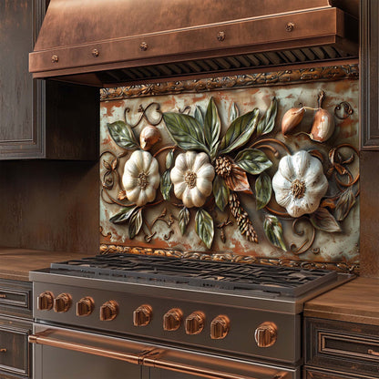 Decorative stove with floral and fruit design on a glass backsplash