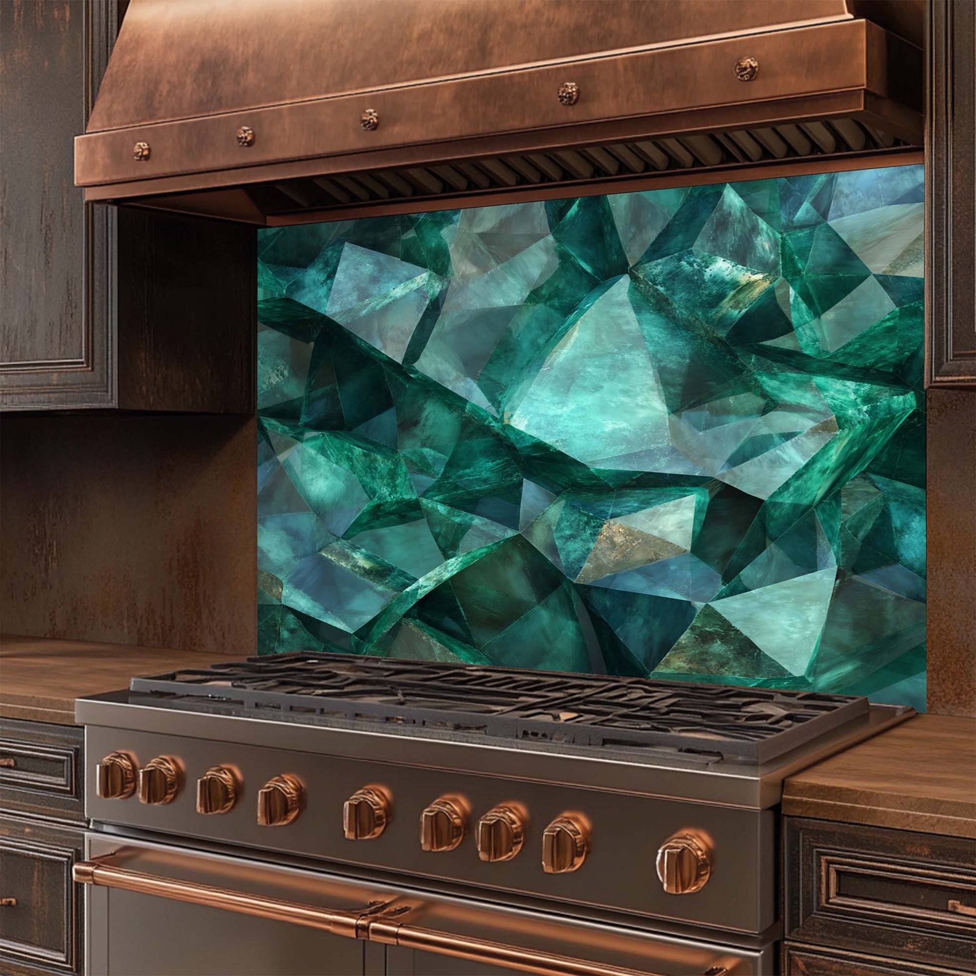 Stainless steel stove with copper accents and a geometric green glass backsplash in a kitchen setting.