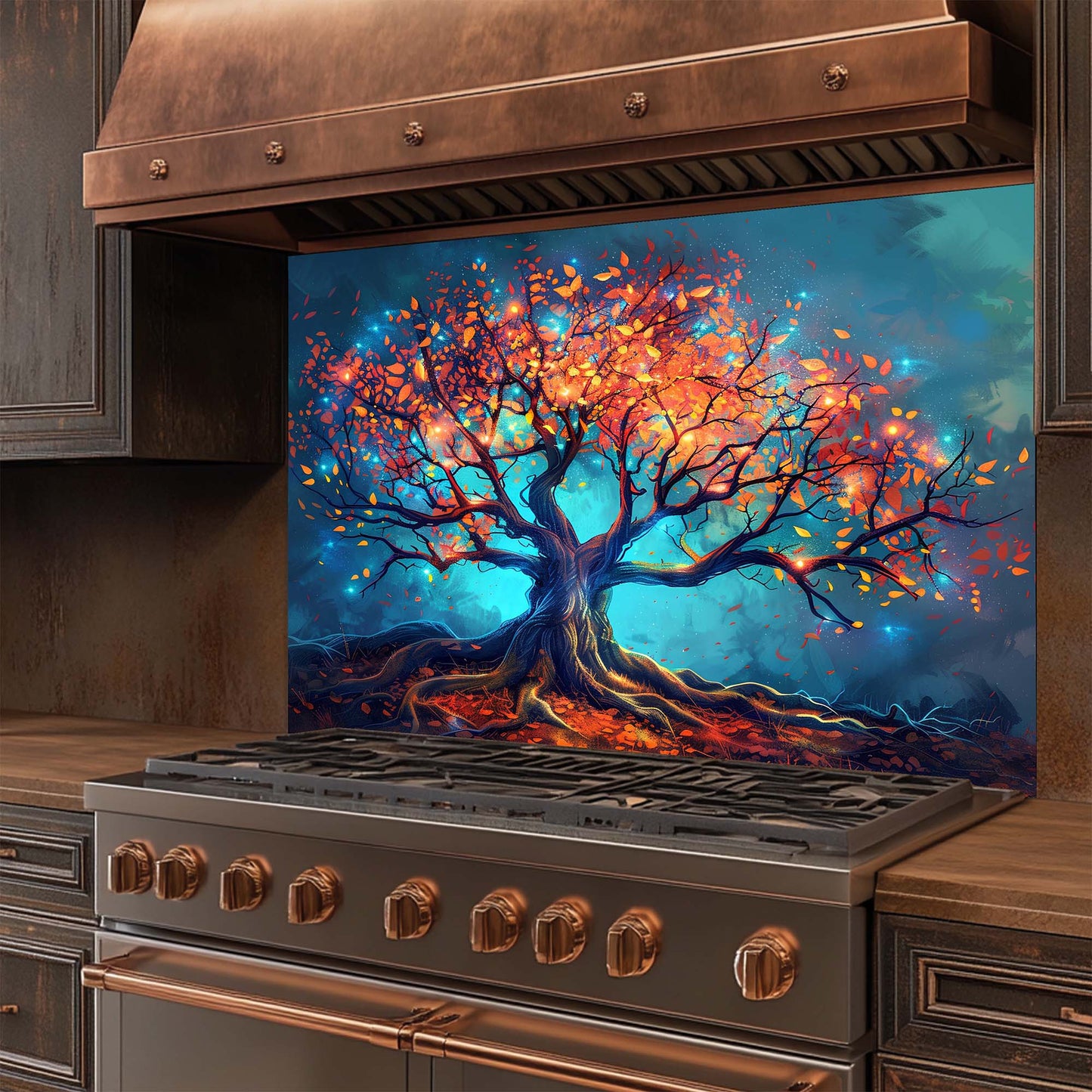 Decorative glass backsplash with a tree design above a stove in a kitchen.