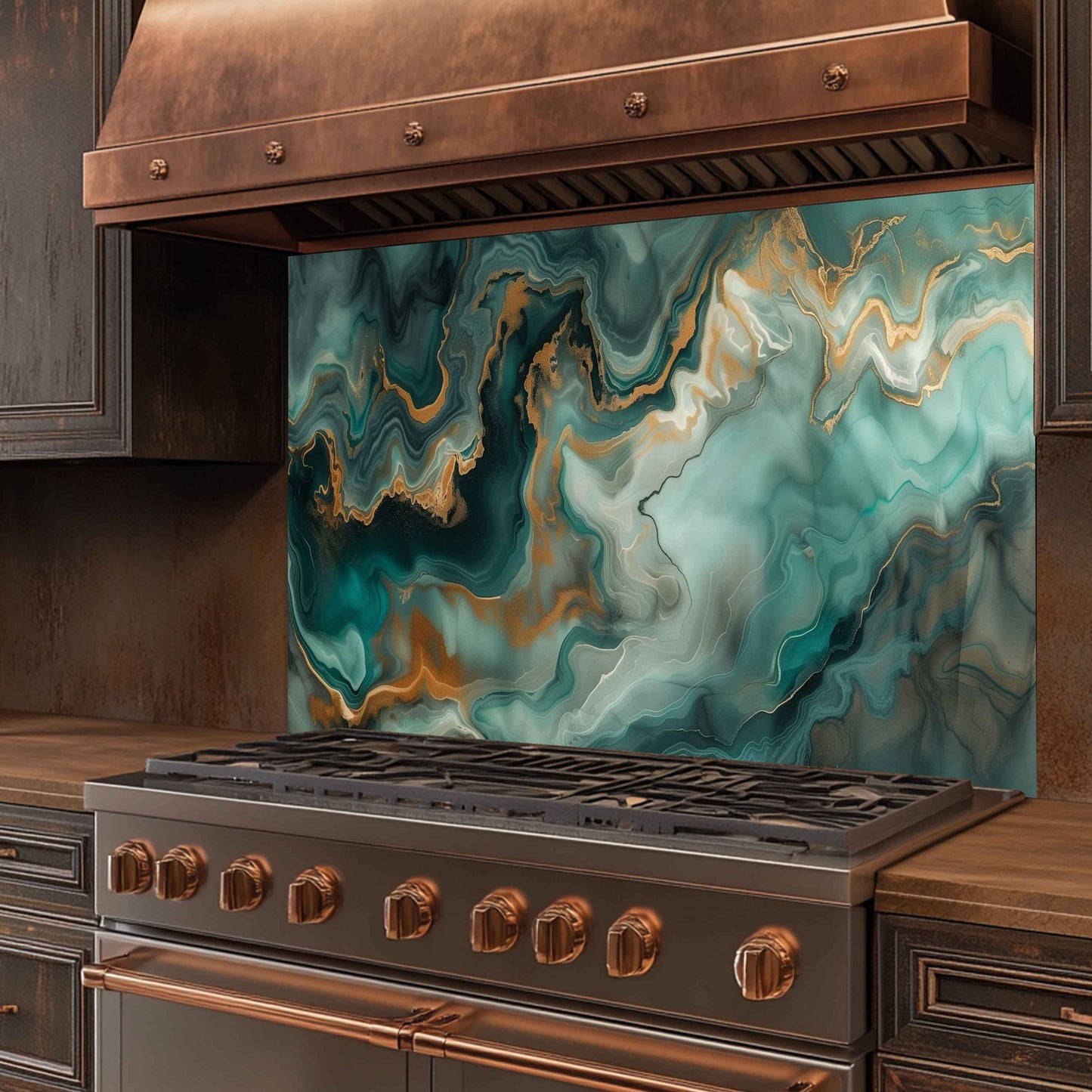 Stainless steel stove with copper accents and a decorative glass panel in a kitchen setting.