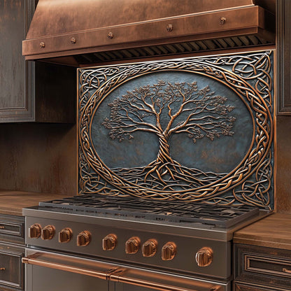 Decorative stove with tree design on the glass backsplash in a kitchen setting