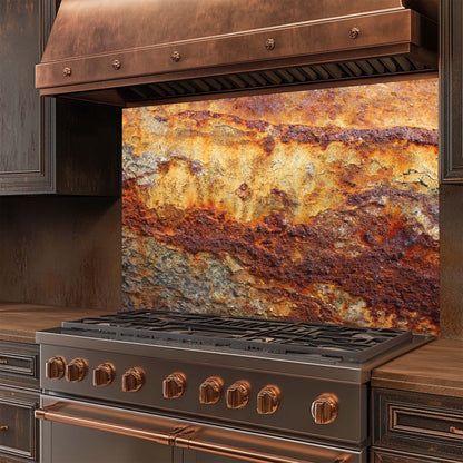 Stainless steel stove with copper accents and a rustic glass backsplash