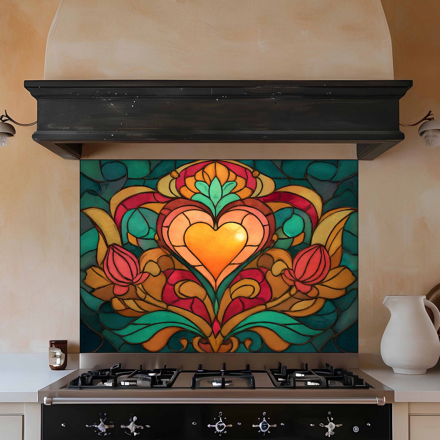 Colorful heart design on a kitchen backsplash above a stove.
