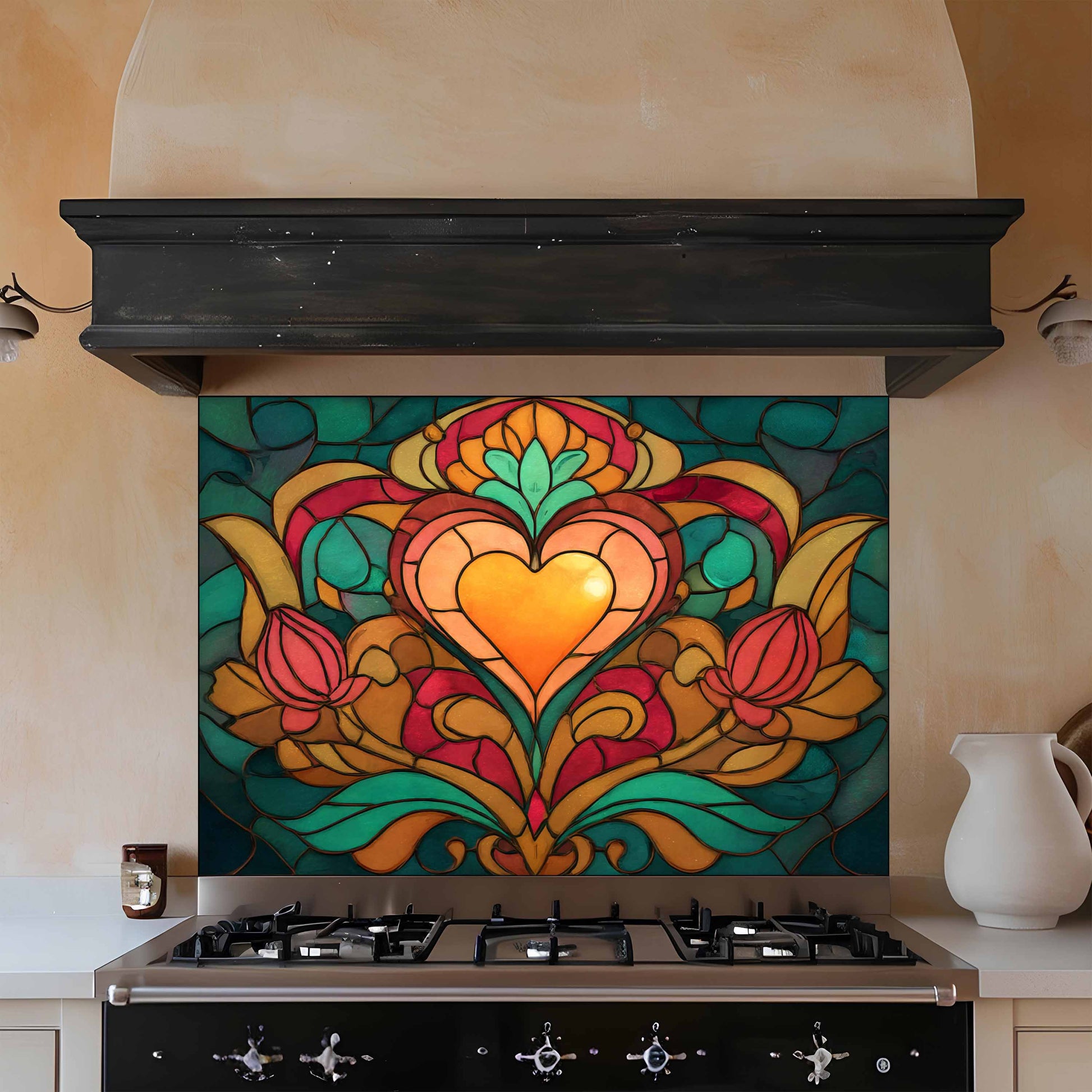 Colorful heart design on a kitchen backsplash above a stove.