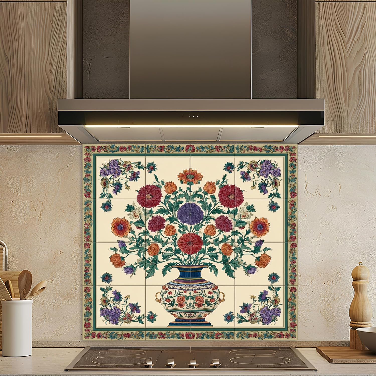 Ottoman floral vase custom kitchen backsplash with colorful traditional flowers on tempered glass splashback panel