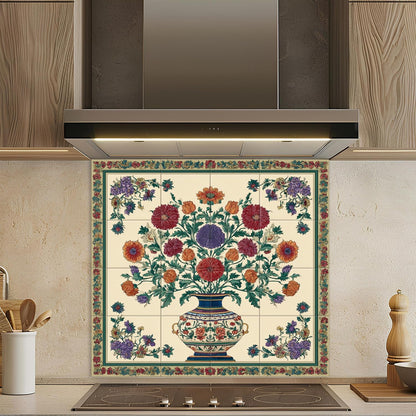 Ottoman floral vase custom kitchen backsplash with colorful traditional flowers on tempered glass splashback panel
