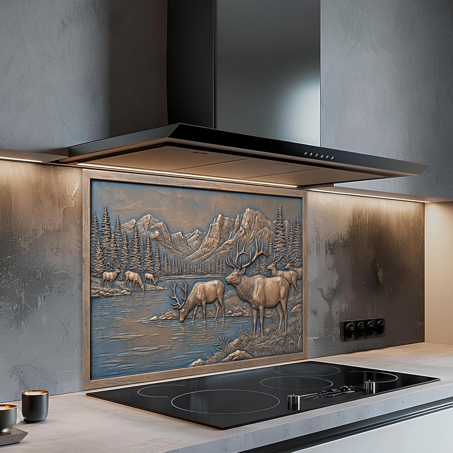 Custom kitchen backsplash featuring elk wildlife mountain scenery and lake artwork