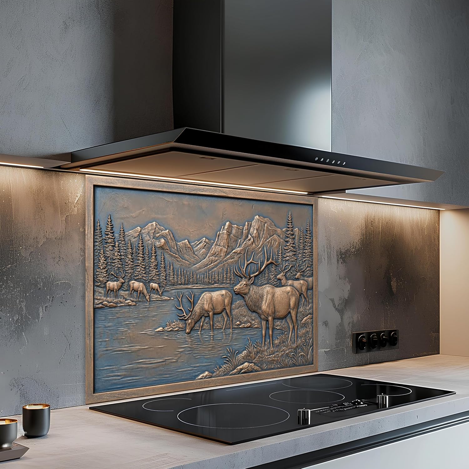 Custom kitchen backsplash featuring elk wildlife mountain scenery and lake artwork