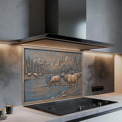 Custom kitchen backsplash featuring elk wildlife mountain scenery and lake artwork
