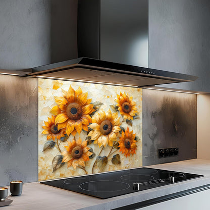 Kitchen with a decorative sunflower backsplash and modern stove.