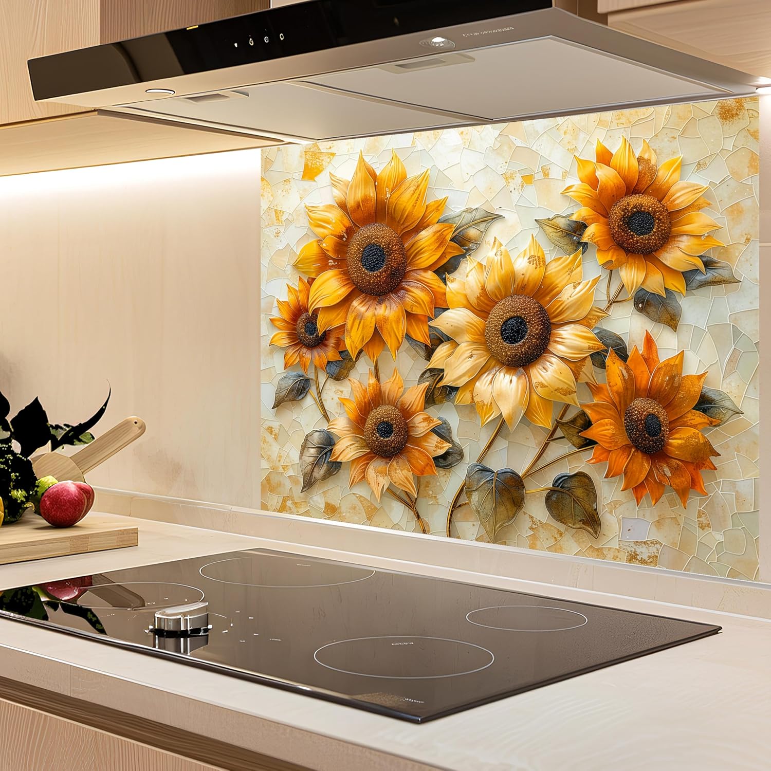 Kitchen with a decorative sunflower backsplash