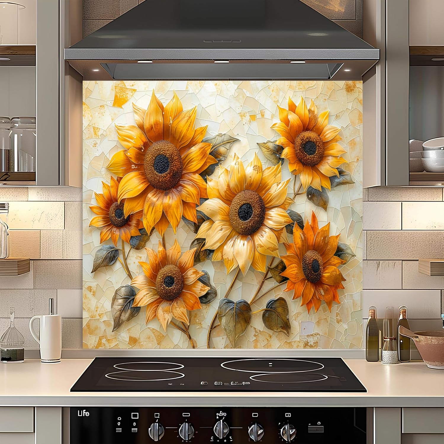 Kitchen backsplash with sunflower design above a stove
