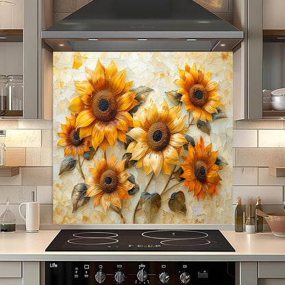 Kitchen backsplash with sunflower design above a stove