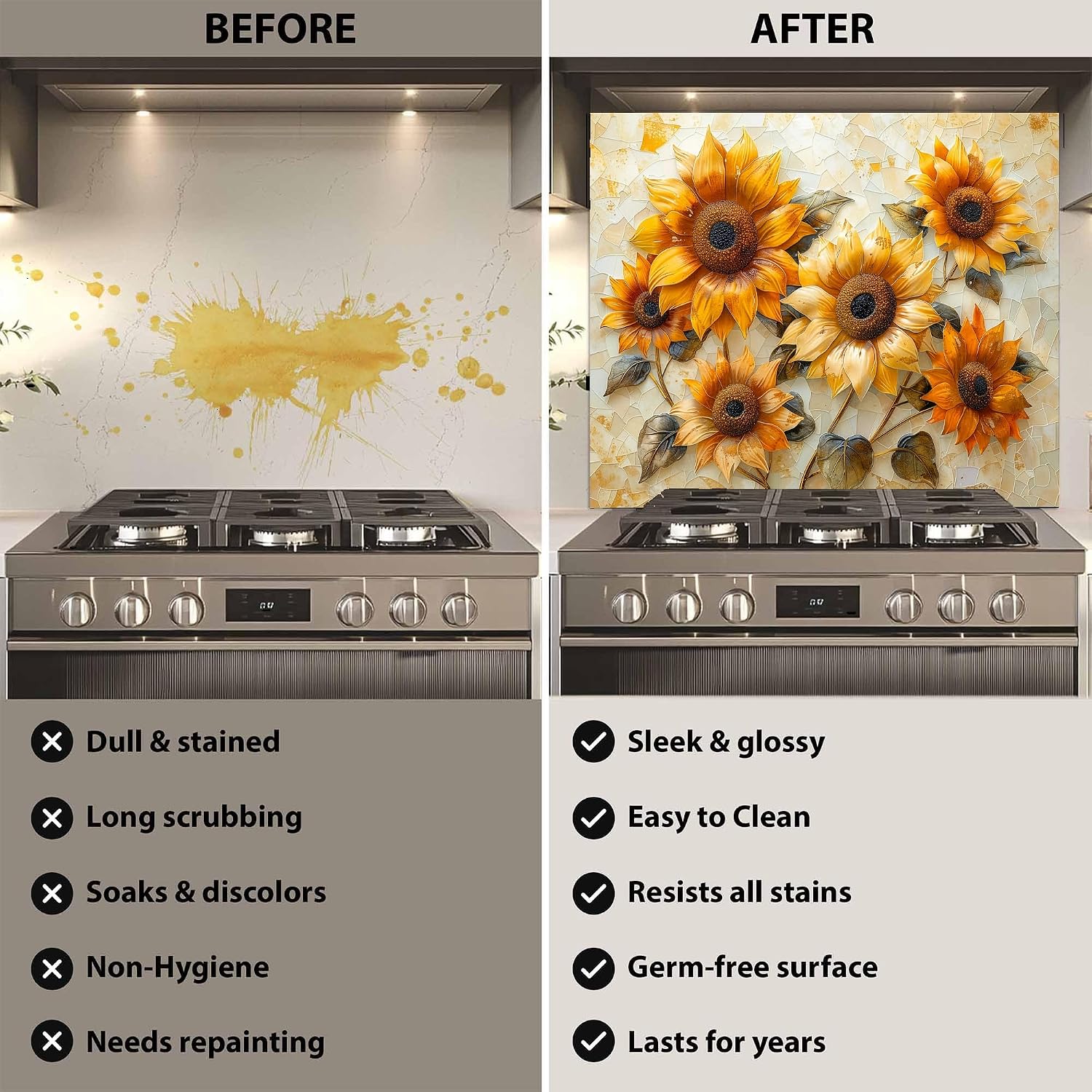 Before and after comparison of a kitchen stove with a decorative backsplash.