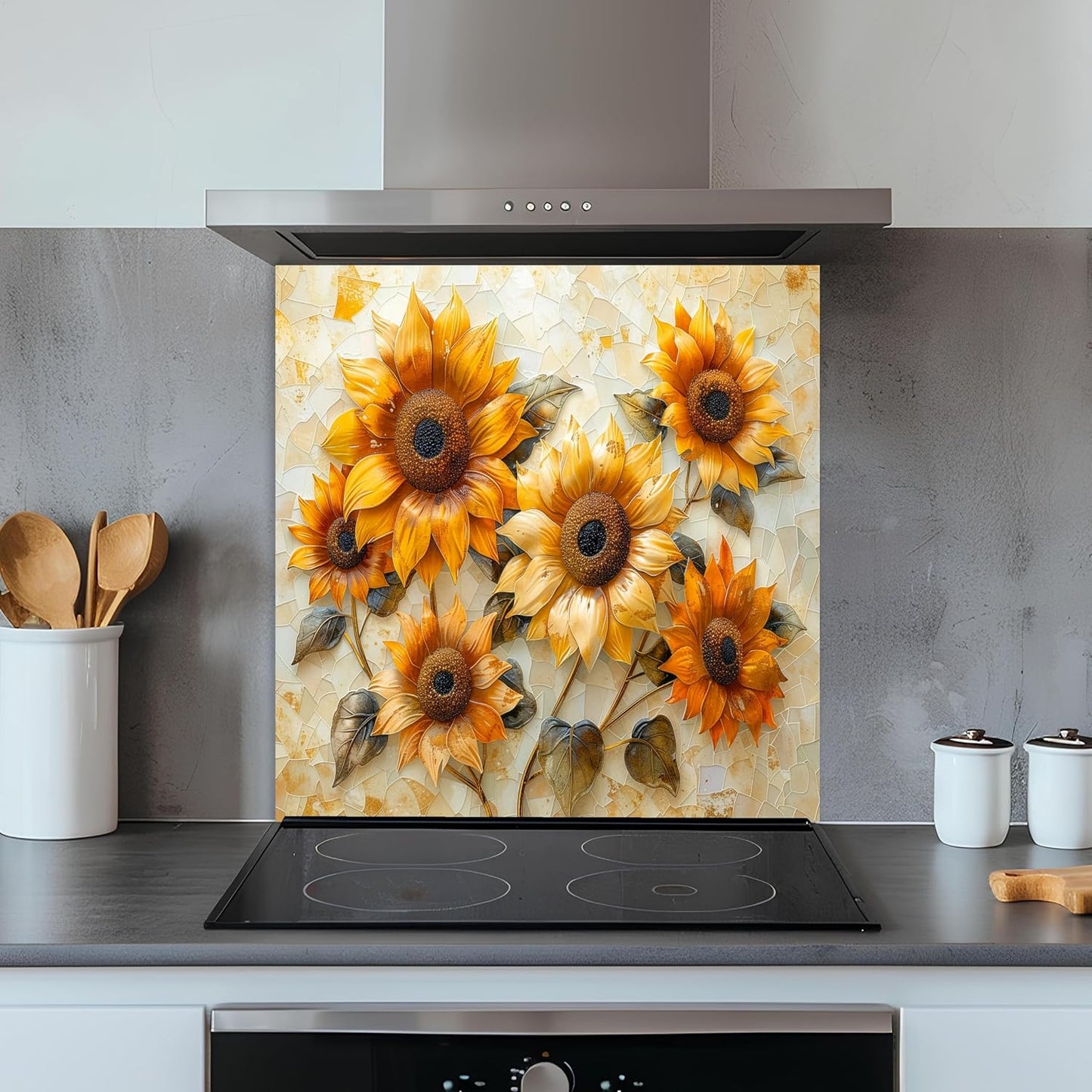 Kitchen backsplash with sunflower design above a stove
