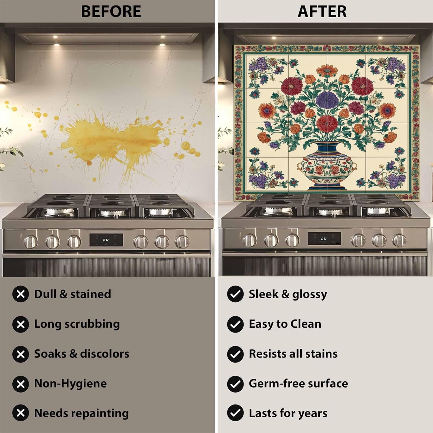 Ottoman floral vase custom kitchen backsplash with colorful traditional flowers on tempered glass splashback panel