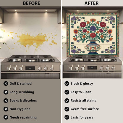 Ottoman floral vase custom kitchen backsplash with colorful traditional flowers on tempered glass splashback panel